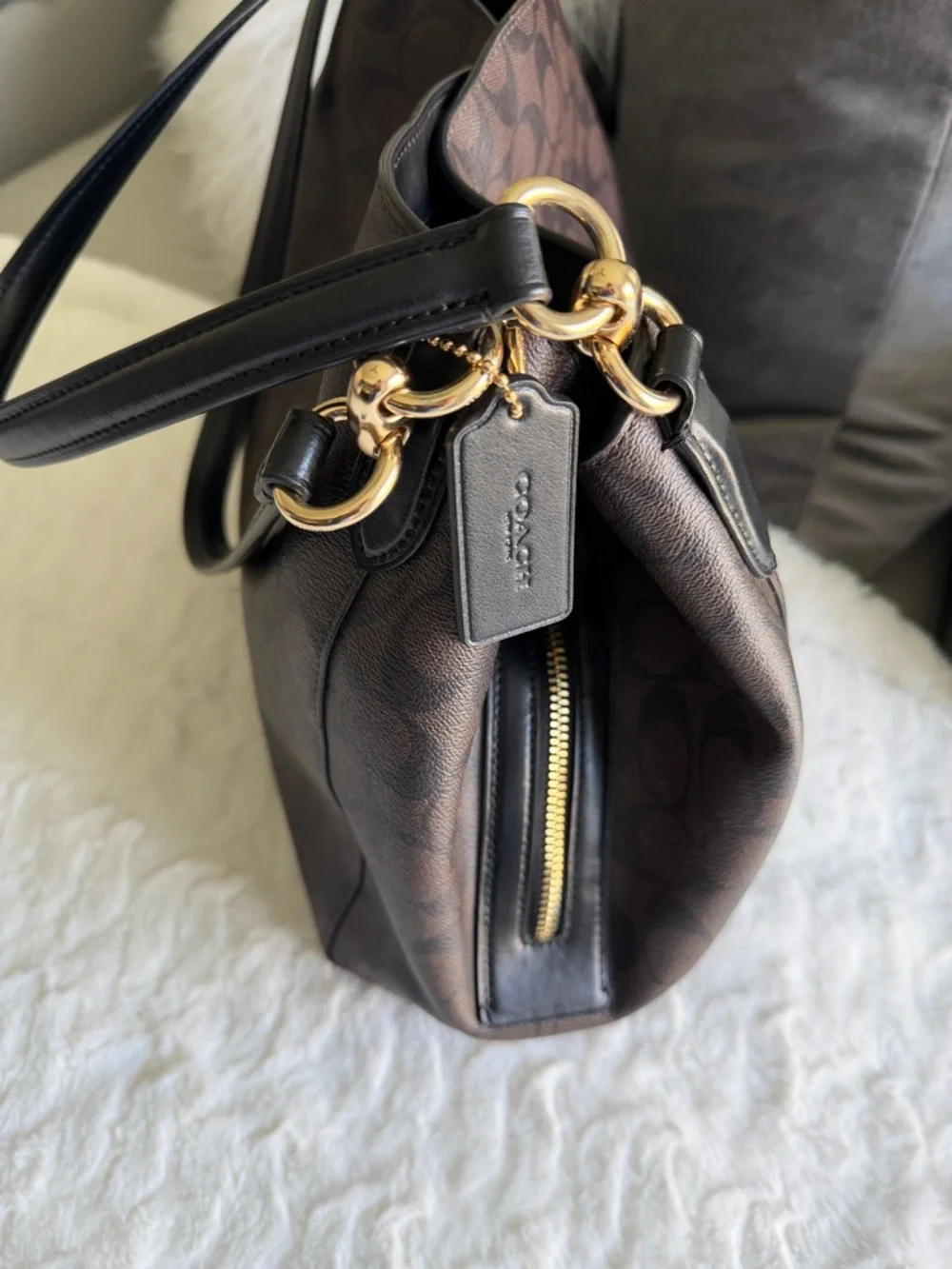 Coach Dark Brown Signature Canvas Shoulder Bag with Black Leather Straps - Picture 5 of 12